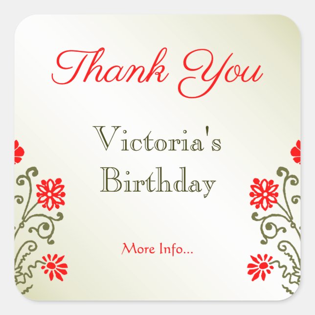Gold und Rote Blüte Vielen Dank für Elegantes Etch Quadratischer Aufkleber (Vorderseite)