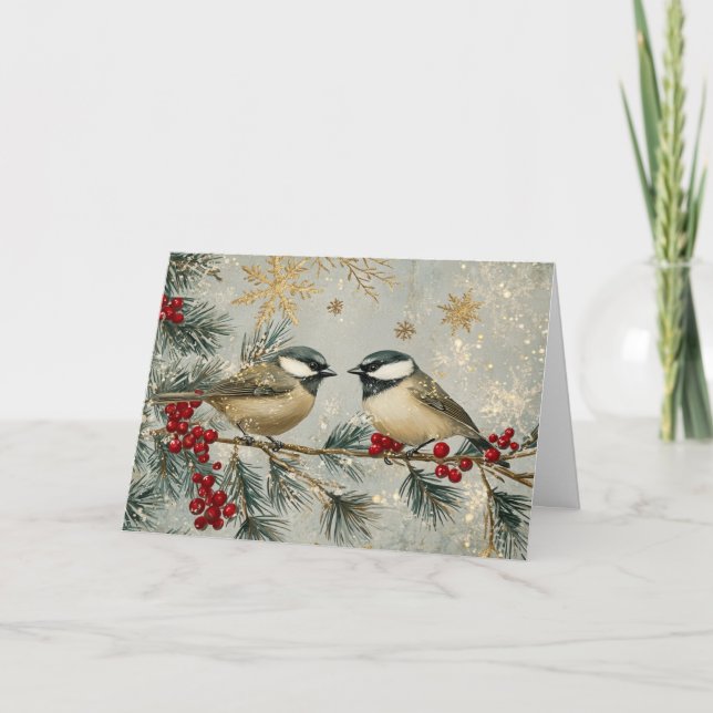 Gold und Rote Glitzer Chickadee mit Schnee Karte (Vorderseite)