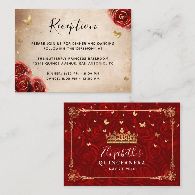 Gold und Rote Rose Parchment Elegante Details Begleitkarte (Vorne/Hinten)