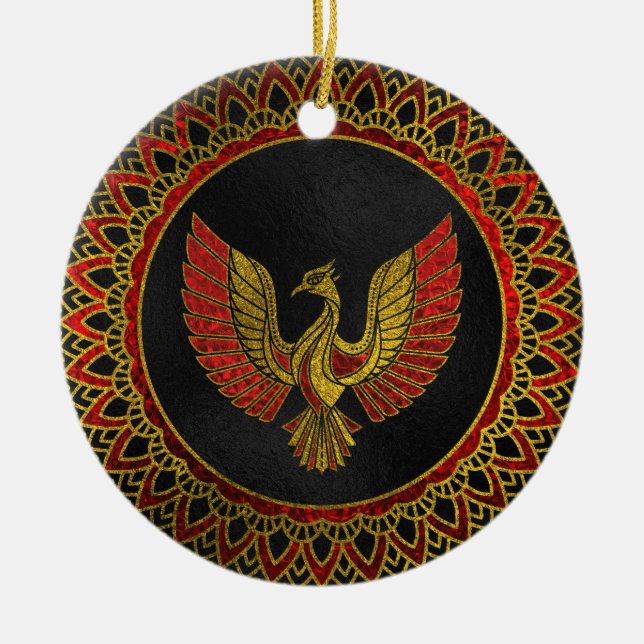 Gold und rotes verziertes Phoenix-Vogelsymbol Keramikornament (Vorne)