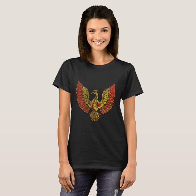 Gold und rotes verziertes Phoenix-Vogelsymbol T-Shirt (Vorne ganz)