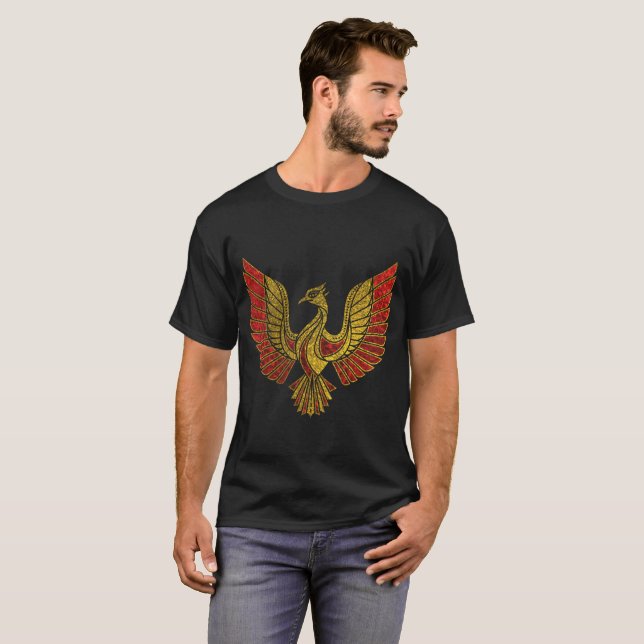 Gold und rotes verziertes Phoenix-Vogelsymbol T-Shirt (Vorne ganz)