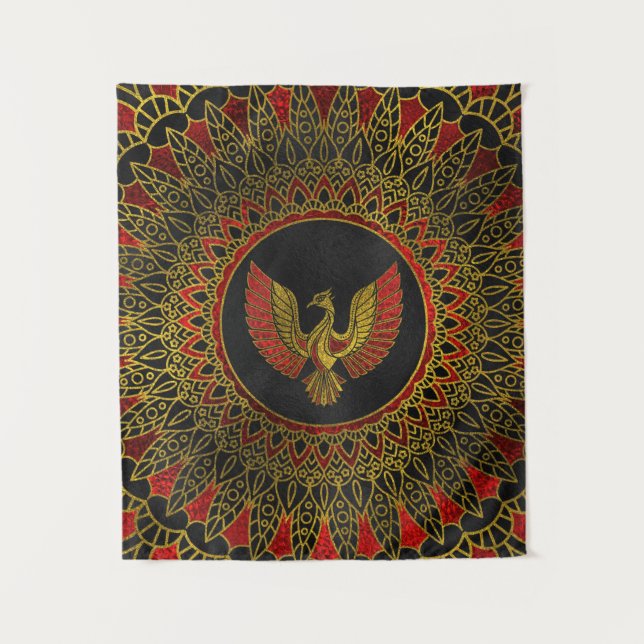 Gold und rotes verziertes Phoenix-Vogelsymbol Wandteppich (Vorderseite)