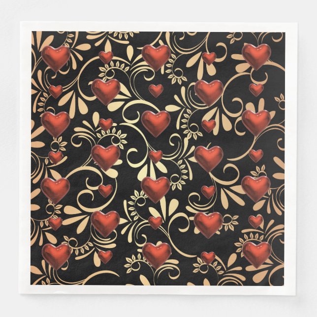 Gold und Schwarz 3 D Rotes Herz Serviette (Vorderseite)
