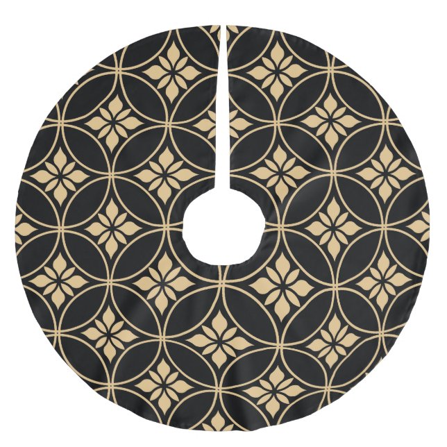 Gold und Schwarz: Abstrakte Blumen Vintag Polyester Weihnachtsbaumdecke (Vorderseite)