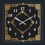 Gold und Schwarz Art Deco Square Diamantrahmen Quadratische Wanduhr<br><div class="desc">"art Deko clock", "art nouveau clock", "gold and black", "1920er quadratisch und diamond", "stilvoll eleganter Stil 1920", "Imitats golden", "Retro Vintag antique", "elegantes Musterdesign", "quadratische Uhr", "altmodisches extravagant"</div>