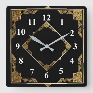 Gold und Schwarz Art Deco Square Diamantrahmen Quadratische Wanduhr