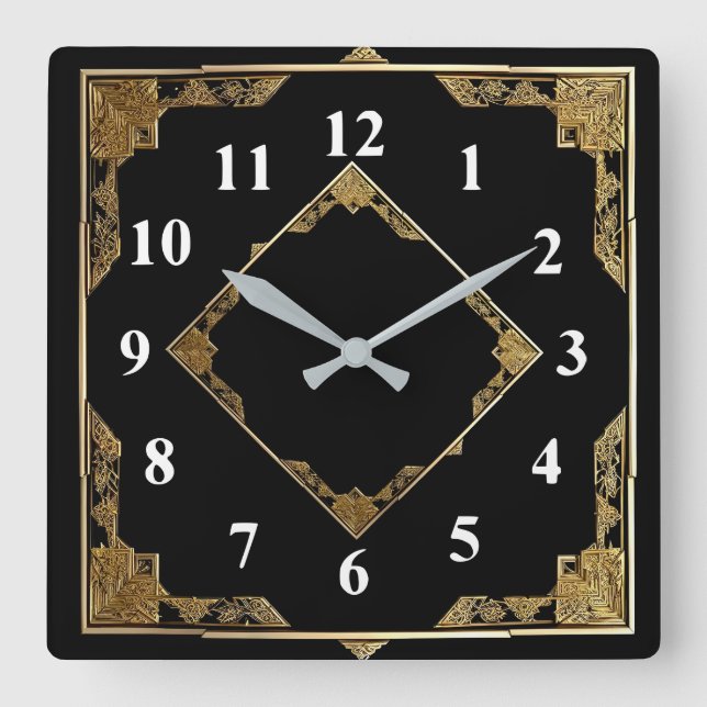 Gold und Schwarz Art Deco Square Diamantrahmen Quadratische Wanduhr (Vorderseite)
