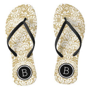 Gold- und Schwarz-Blumen-Damaskus-Monogramm Flip Flops