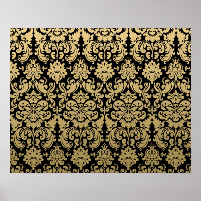 Gold und Schwarz-elegantes Damasketmuster Poster (Vorne)