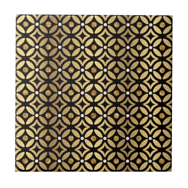 Gold und Schwarz Geometrisches Muster Fliese (Vorderseite)
