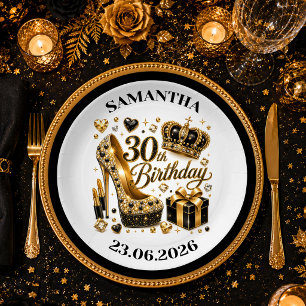 Gold und Schwarz Glam 30. Geburtstag Teller Design