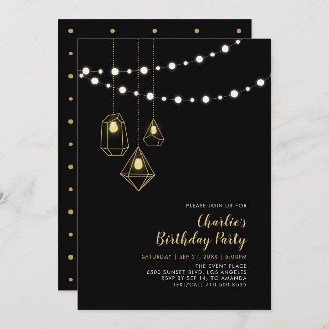 Gold und Schwarz | Modern String Lights Birthday P Einladung (Vorne/Hinten)