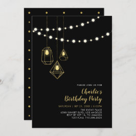 Gold und Schwarz | Modern String Lights Birthday P Einladung