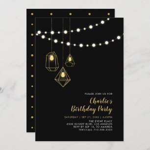 Gold und Schwarz   Modern String Lights Birthday P Einladung