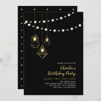 Gold und Schwarz | Modern String Lights Birthday P Einladung