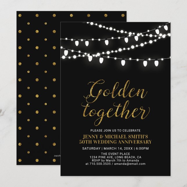 Gold und Schwarz | Modernes 50. Hochzeitstag Einladung (Vorne/Hinten)