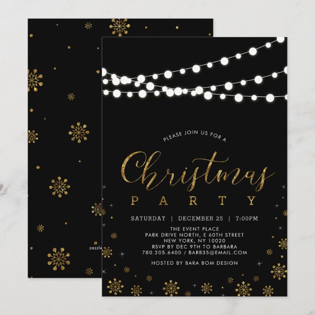 Gold und Schwarz | String Lights Christmas Party Einladung (Vorne/Hinten)