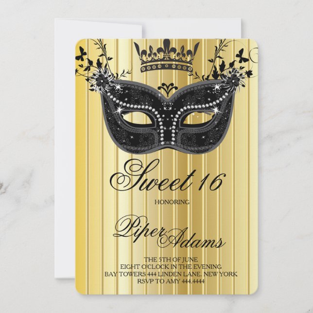 Gold und Schwarz Sweet 16 Masquerade Einladung (Vorderseite)
