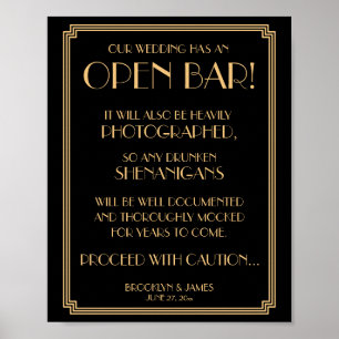 Gold und schwarze Art Deco Gatsby Open Bar Schild 