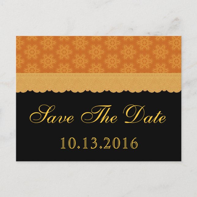 Gold und Schwarze Blume und Spitzen Save the Date  Ankündigungspostkarte (Vorderseite)