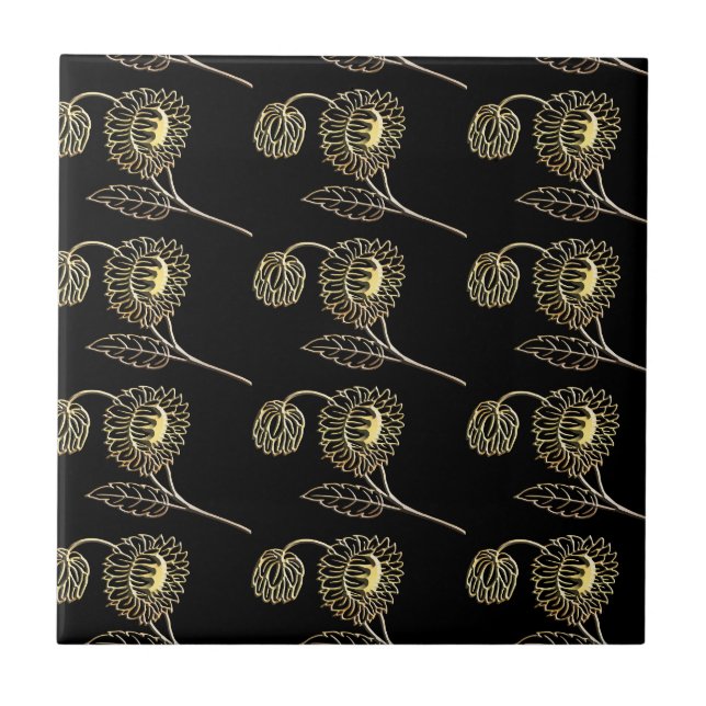 Gold und schwarze Sonnenblumen Gartenkunst Fliese (Vorderseite)