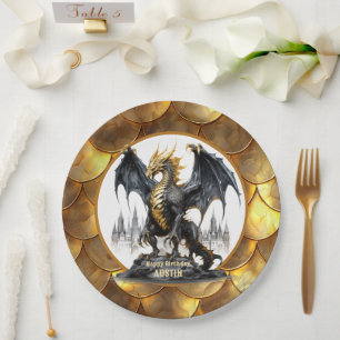 Gold und Schwarzer Drache mit drachenskalierbaren Pappteller