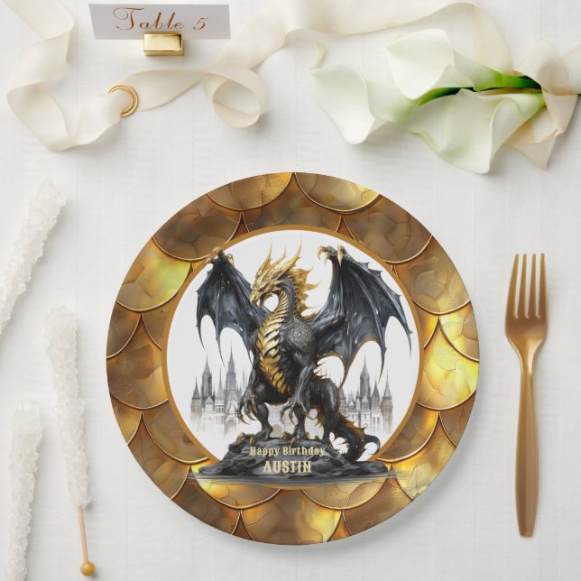 Gold und Schwarzer Drache mit drachenskalierbaren  Pappteller (Hochzeit)