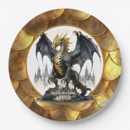 Gold und Schwarzer Drache mit drachenskalierbaren Pappteller