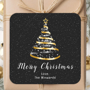 Gold- und schwarzes Band Baum Frohe Weihnachten Quadratischer Aufkleber