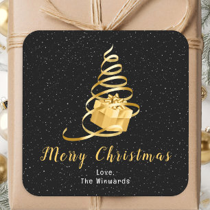 Gold- und schwarzes Band Geschenk Frohe Weihnachte Quadratischer Aufkleber