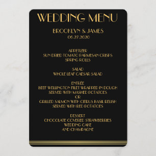 Gold- und schwarzes Hochzeitsmenü Great Gatsby Menükarte