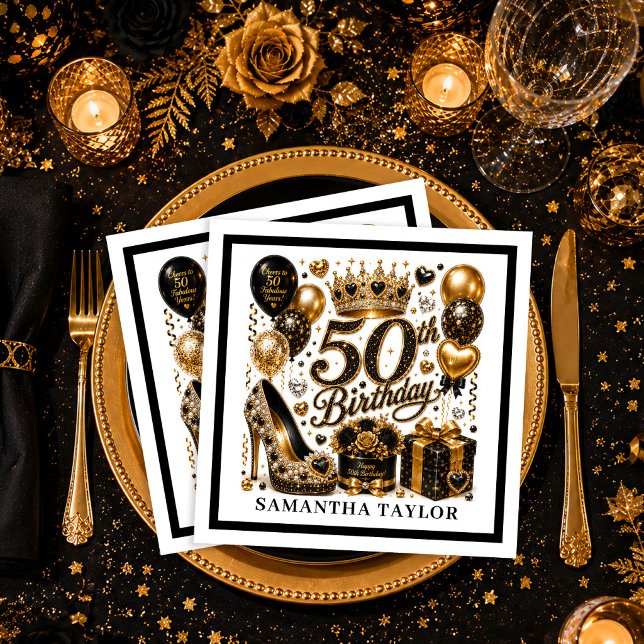 Gold- und schwarzes Luxus-Glitter-Fünfzig-und-fabe Serviette (Gold And Black Luxe Glitter Fifty And Fabulous Napkins

)