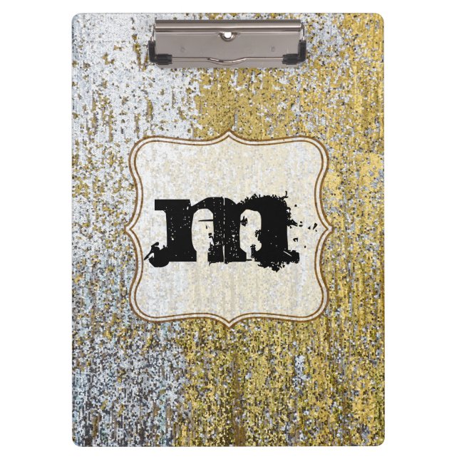 Gold und Silver Grunge Monogram Erstklammer Klemmbrett (Vorderseite)
