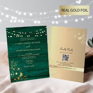 Gold- und Smaragdgrüne Hochzeits-QR-Code Folieneinladung
