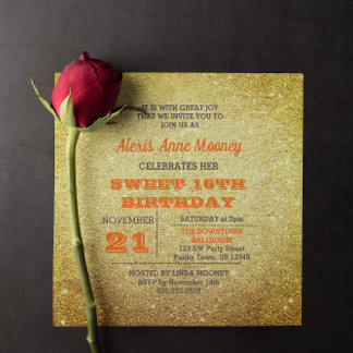 Gold und Topaz Orange Glitzer Sweet 16 Einladung