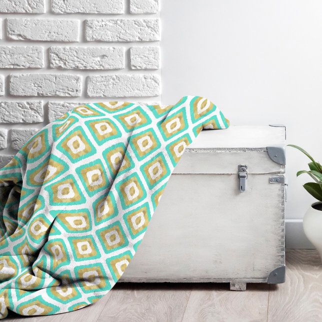 Gold und Türkis Chic Ikat Muster Fleecedecke (Turquoise and Gold Ikat Pattern Throw Blanket)