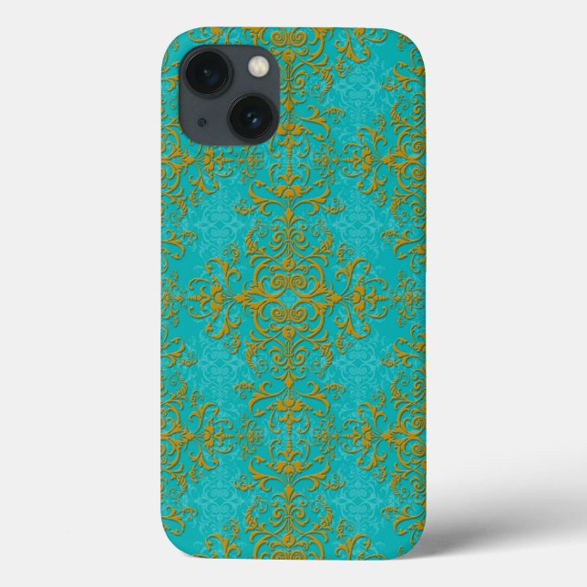 Gold und Türkis Damaskus Stil Muster Case-Mate iPhone Hülle (Rückseite)
