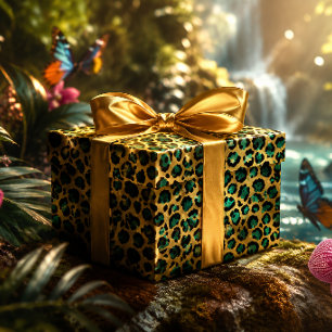 Gold- und Türkis-Glamour-Leopardenprint Geschenkpapier
