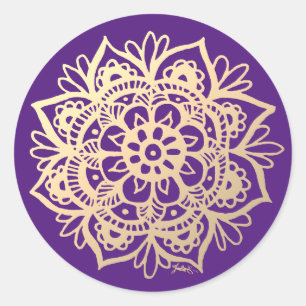 Gold- und violette Mandala-Blume Runder Aufkleber