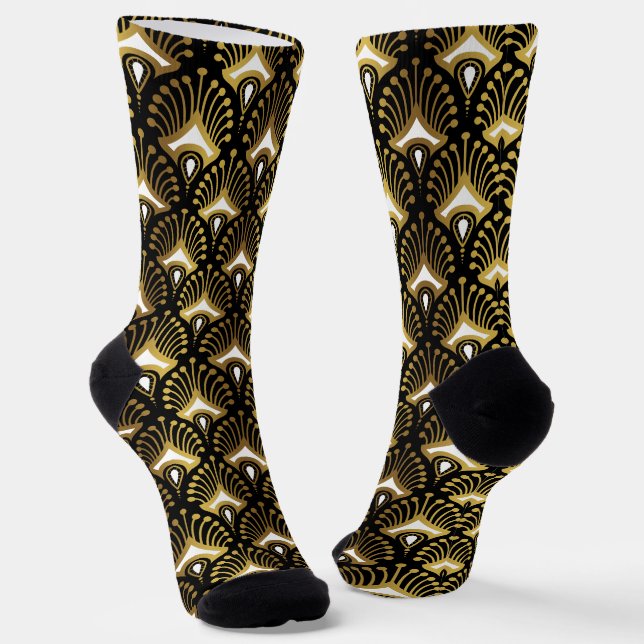 Gold und Weiß Art Deco Muster 4 auf schwarz Socken (Gewinkelt)