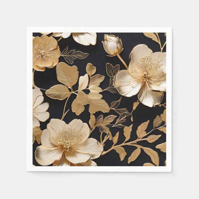 Gold und Weiß Blumenmuster auf Schwarz Serviette (Vorderseite)