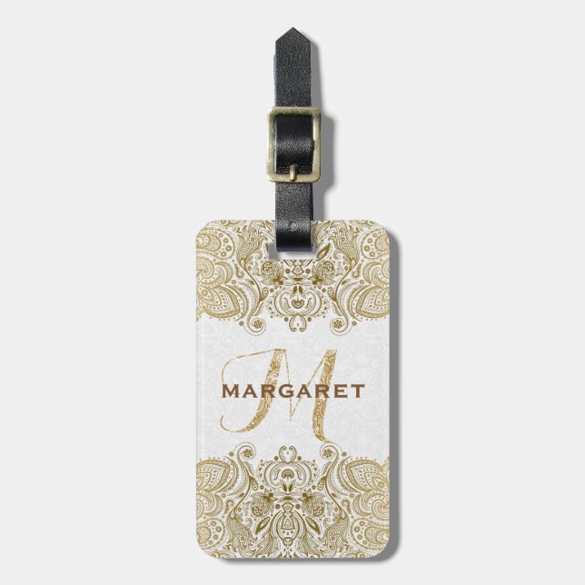 Gold und Weiß Blütenpaisley Gepäckanhänger (Vorderseite vertikal)