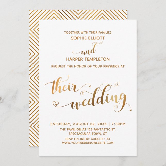 Gold und Weiß Ihre Hochzeitstypografie mit Herz Einladung (Vorne/Hinten)