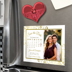 Gold- und Weiß-Kalender- und Foto-Save-the-Date-Ma Magneteinladung