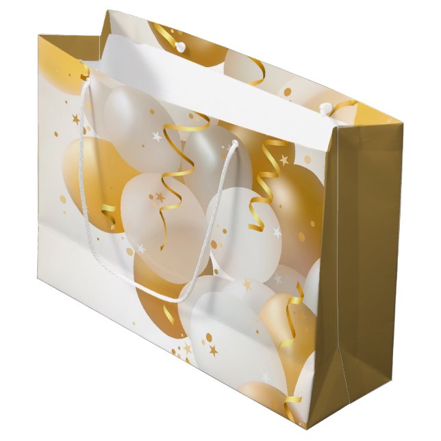 Gold und Weißballons Große Geschenktüte (Vorderseite Schrägansicht)