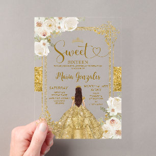 Gold- und weiße Blumen Sweet Sixteen Krone Geburts Acryleinladungen