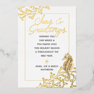Gold und Weiße Meere & Grüße Nautische Weihnachten Folien Feiertagskarte