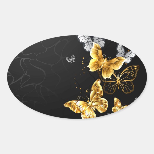 Gold und weiße Schmetterlinge Ovaler Aufkleber (Vorderseite)