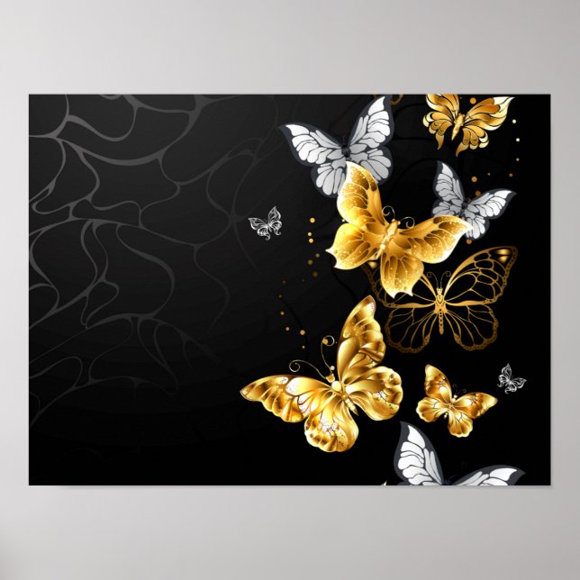 Gold und weiße Schmetterlinge Poster (Vorne)